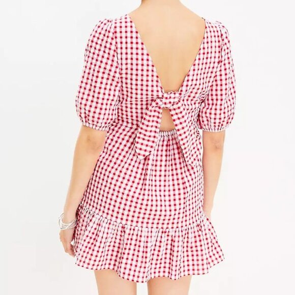 NWT LOFT Women's Gingham Tie Back Flounce Swing Dress in Tango Red - Picture 2 of 11